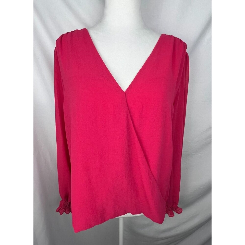 VTG VERONICA M Blouse Womens M Hot Pink Surplice Wrap Long Sleeve Smocked Cuff